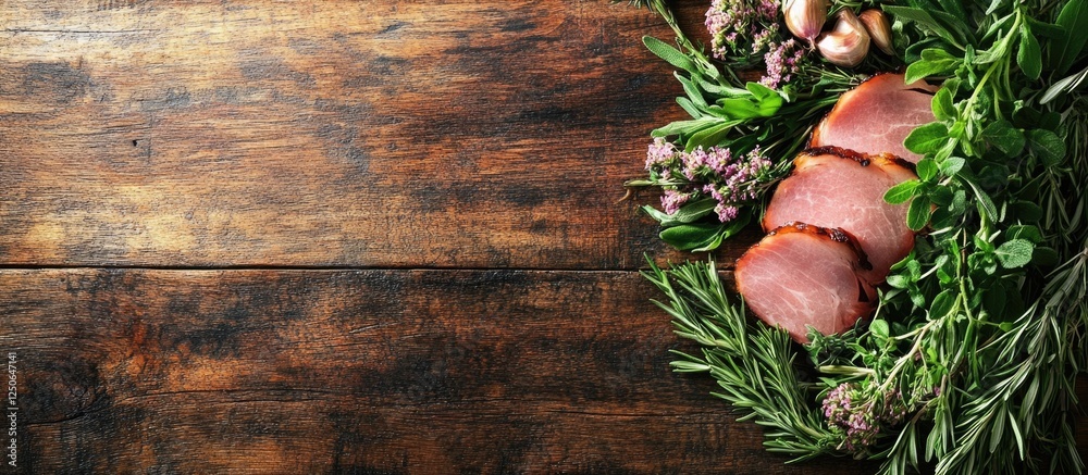 Poster savory ham garnished with fresh herbs on a rustic wooden table with ample blank space for text or cu
