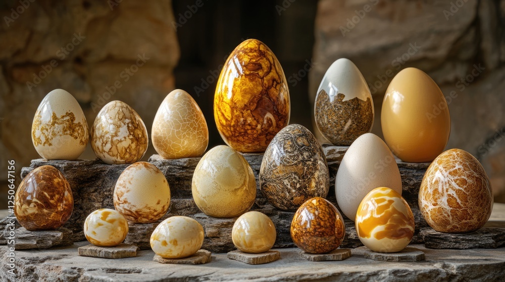 Poster stylish display of rustic, golden yellow chicken eggs arranged on wooden platforms against a texture