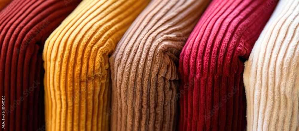 Poster corduroy velvet fabric rolls displaying textured stripes in diverse colors showcasing rich textile c