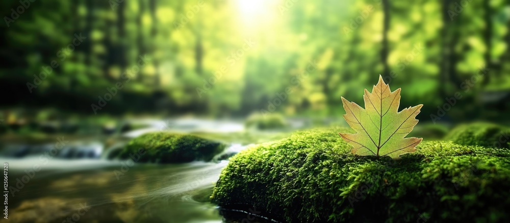 Poster serene forest scene with a vibrant leaf resting on mossy rocks by a flowing river surrounded by lush