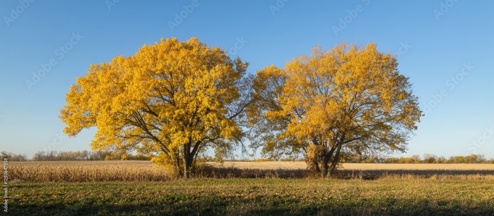 Poster autumn landscape with large trees and vibrant yellow foliage under clear blue sky in open fields
