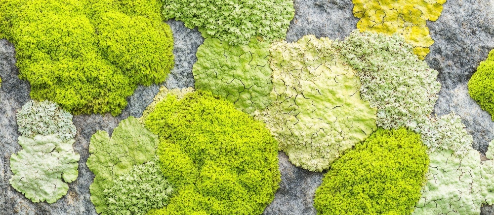 Sticker Lush green lichen and moss texture on stone surface Natural earthy background for design projects and nature-inspired themes