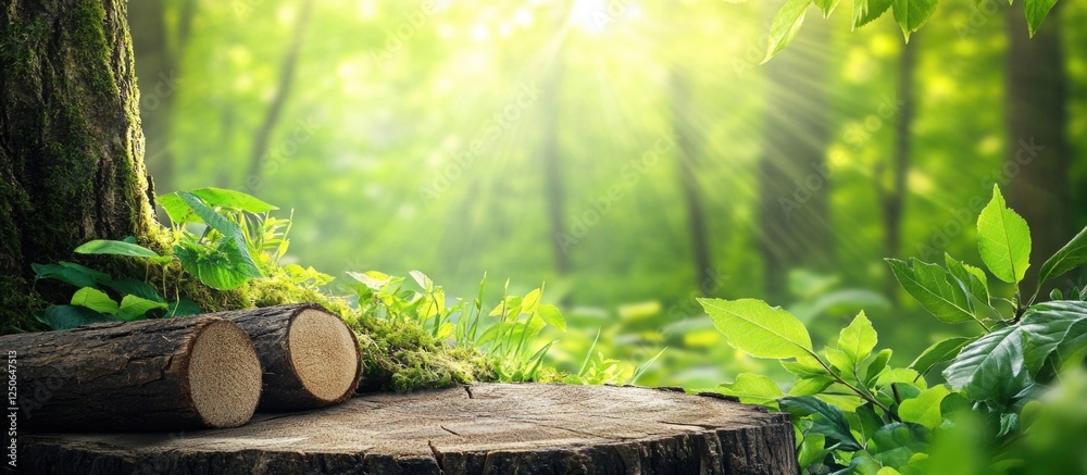 Aufkleber Stump with freshly cut logs surrounded by lush greenery and soft sunlight streaming through the trees in a serene forest setting