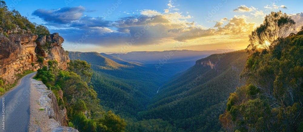 Poster scenic panoramic view of a winding road through lush valleys and rugged cliffs during a vibrant suns