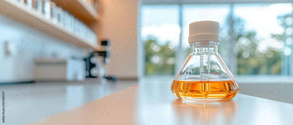Poster minimalist scientific setup glass beaker with amber solution on sleek white surface - innovative res