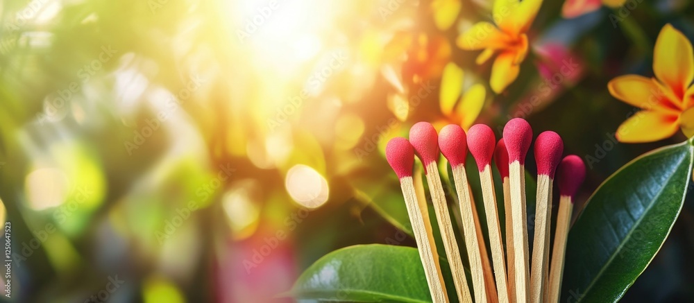 Poster colorful matchsticks arranged in a lush garden setting with vibrant flowers and sunlight creating a 