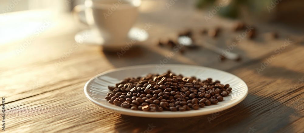 Poster scattered coffee beans on a saucer with blurred cup and spoon on rustic wooden surface in warm natur