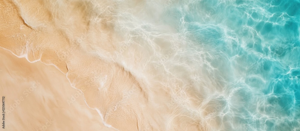 Poster aerial view of sandy beach shoreline with gentle waves lapping at the shore under bright sunlight cr