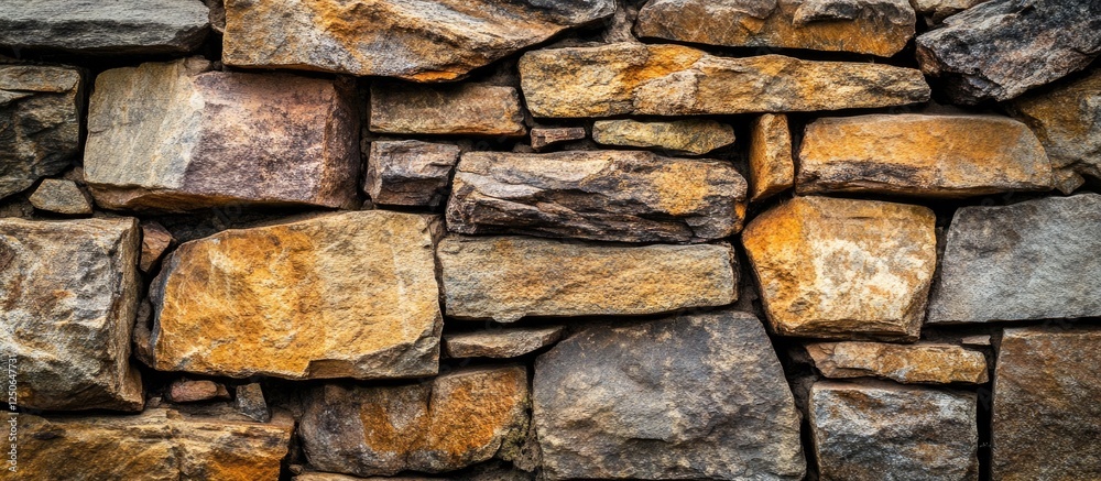 Poster Textured rustic stone wall background with various shapes and colors for architectural or design projects.