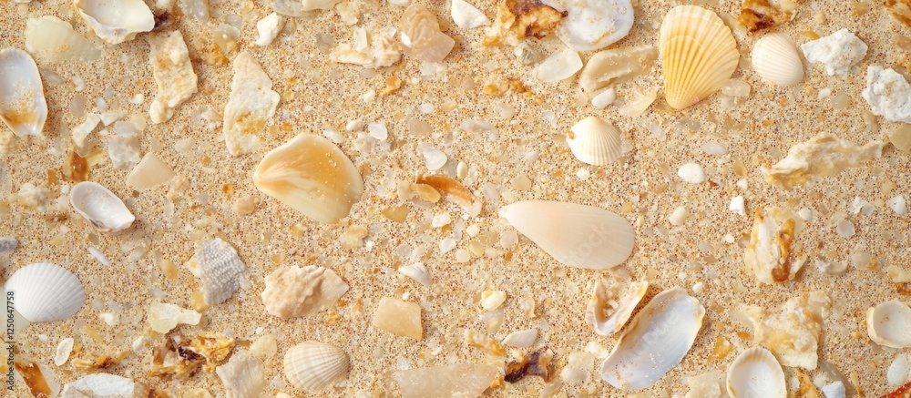 Poster sandy beach closeup featuring various shells and textures on a natural coastal background