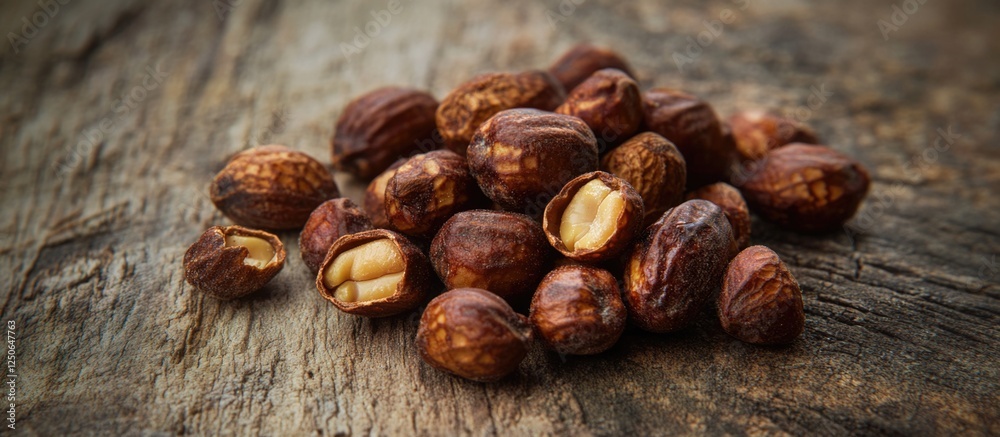 Poster roasted peeled peanuts on rustic wood surface showcasing their rich texture and color perfect for sn