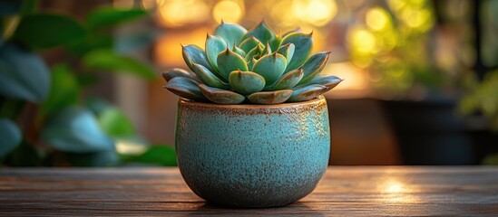 Vibrant green succulent in textured clay pot beautifully illuminated by natural daylight showcasing a calming indoor plant arrangement