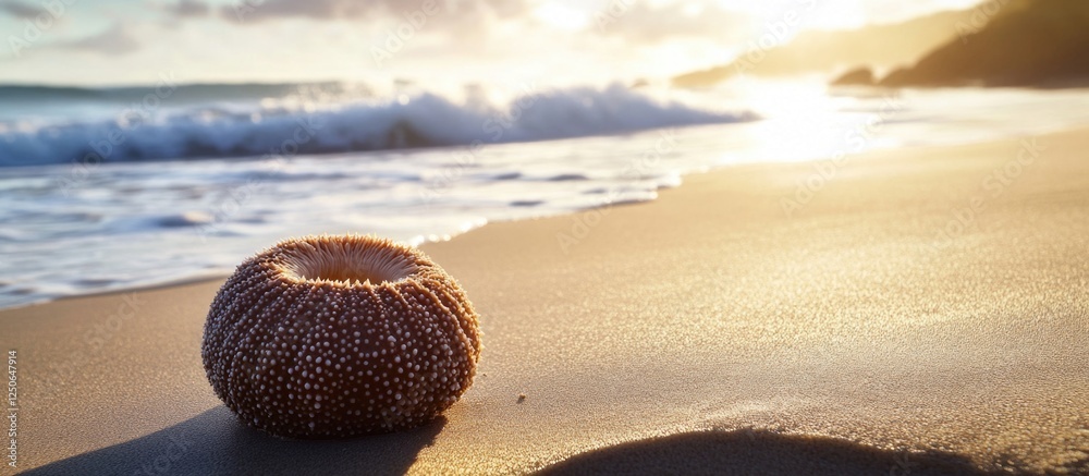 Poster sea biscuit clypeaster rosaceus urchin resting on sandy beach at sunset with gentle waves in the bac
