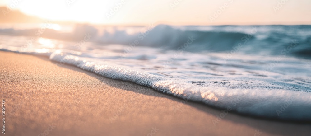 Poster Calm sandy beach waves at sunset with soft textured sand creating a soothing background for relaxation and tranquil settings.