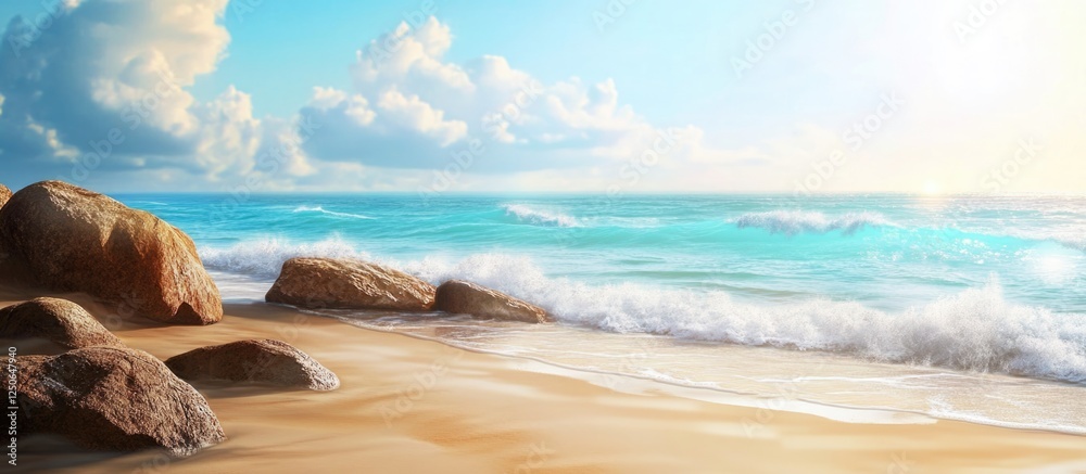 Poster serene sandy seashore with large rocks and gentle waves under a bright sky and soft clouds in a peac