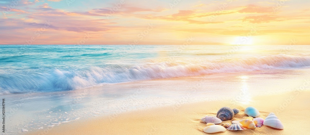 Poster serene beach landscape at sunset with colorful seashells scattered on the shore and gentle waves lap