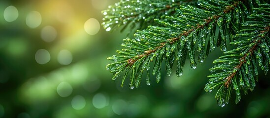 Fresh rain-drenched spruce leaves glisten in sunlight creating a serene nature backdrop with vibrant green hues and bokeh effect.