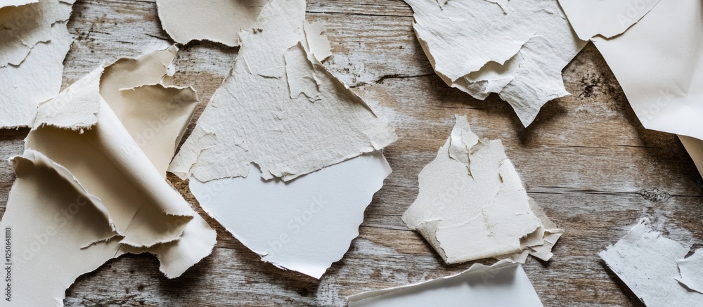 Aufkleber Textured background of ripped and crumpled paper pieces scattered on a wooden surface creating a rustic and artistic composition