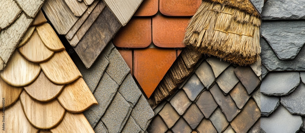 Poster diverse roof material textures featuring shingles wood slate and thatch for architectural design and