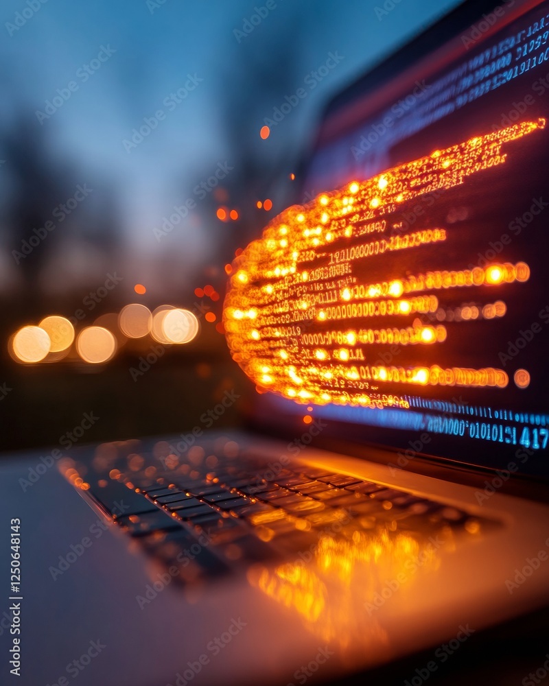 Poster Dynamic Cyber Aesthetic Analytics Interface with LED Displays and Binary Code on Laptop - Cutting-Edge Digital Workspace for Data-Driven Solutions in Tech Industries