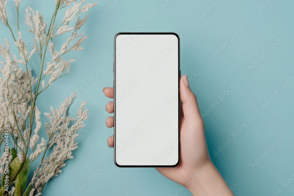 Poster Modern Virtual Communication Hand Gesture on Minimalistic Smartphone Frame with Botanical Accent - Social Media Content for Digital Marketing and Remote Networking Solutions