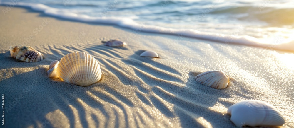 Poster Rippling sand patterns created by tidal waves with seashells on a serene beach at sunset.