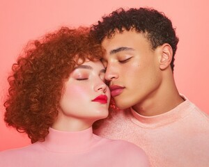 Obraz premium Pastel Romance Portrait Multicultural Couple in Cozy Knitwear - Emotional Bonding and Affectionate Content for Modern Relationship Campaigns