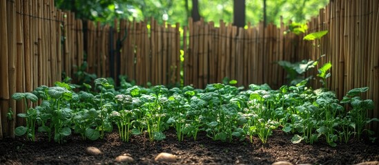 Obraz premium Lush green spinach thriving in a vibrant vegetable garden surrounded by natural elements and rustic fencing.