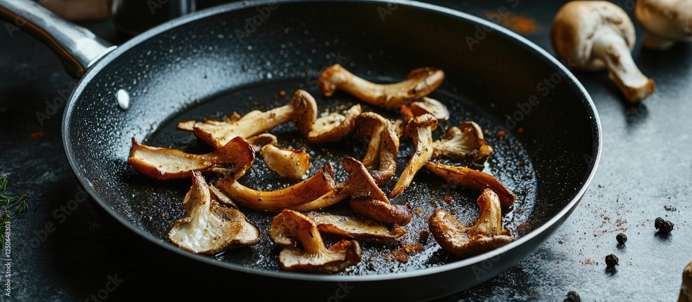 Poster roasted oyster mushrooms sizzling in a frying pan against a dark background showcasing culinary text