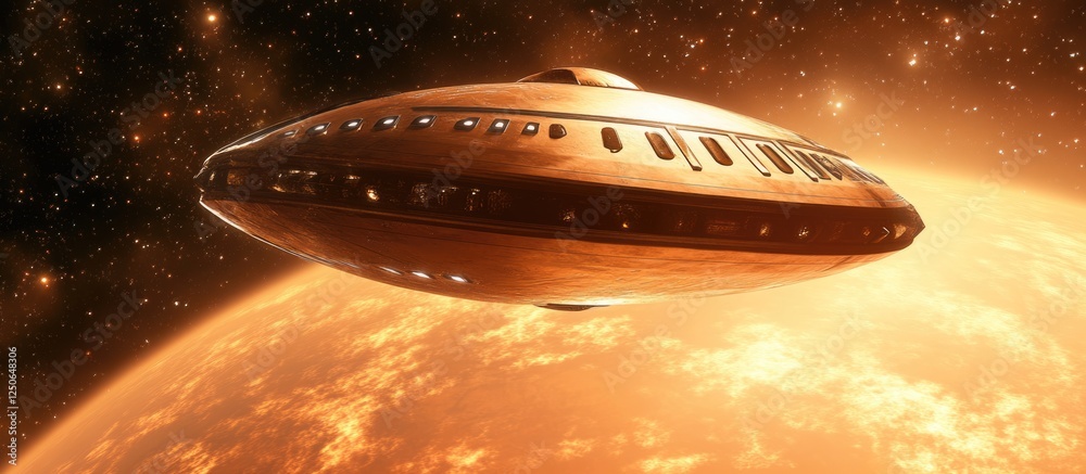 Poster Futuristic alien spacecraft in orbit around a vibrant fantasy planet with a glowing sun and ample space for custom text insertion