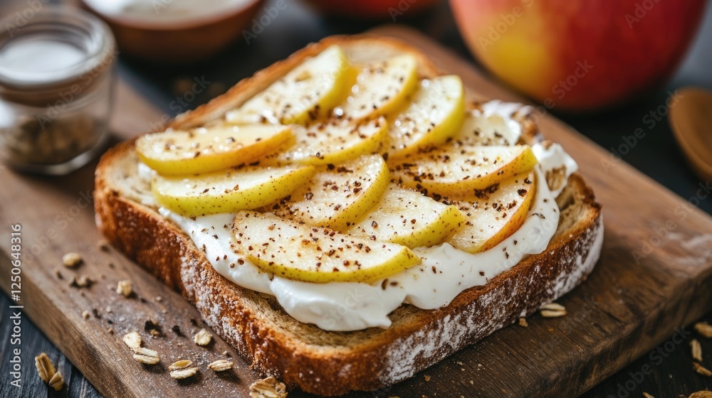 Poster rustic toast topped with creamy cheese and fresh apple slices garnished with spices on a wooden boar