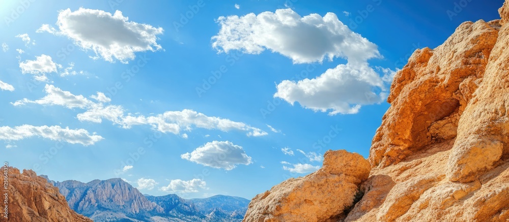 Poster rock formations against a bright blue sky with fluffy clouds and space for text ideal for nature-the