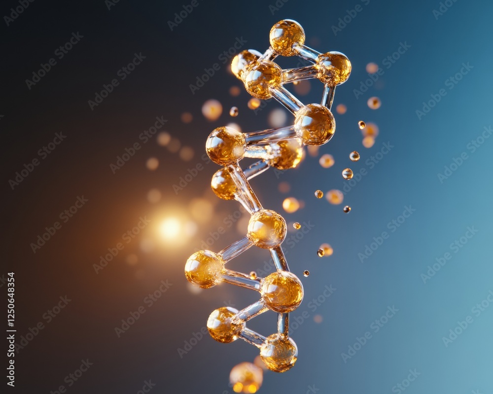 Poster Futuristic Molecular Visualization Transparent DNA Structure with Golden Reflections on Gradient Background - Advanced Medical Research and Biotechnology Innovation for Healthcare Progress