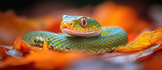 Fototapeta premium Green snake resting among vibrant autumn leaves in a close-up nature shot showcasing its scales and colors.