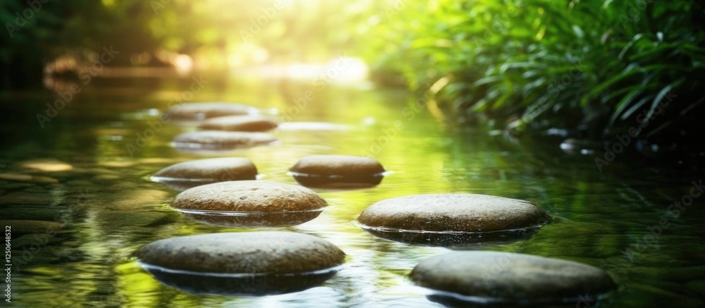 Poster tranquil river scene featuring smooth stones leading through shimmering water surrounded by lush gre