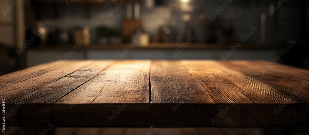 Aufkleber Rustic wooden table in cozy kitchen background perfect for product display and mockup with ample space for branding and text placement