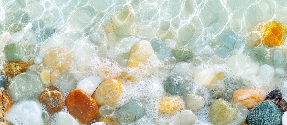 Poster multicolored sea pebbles beneath gentle waves and foam on a tranquil summer beach scene.