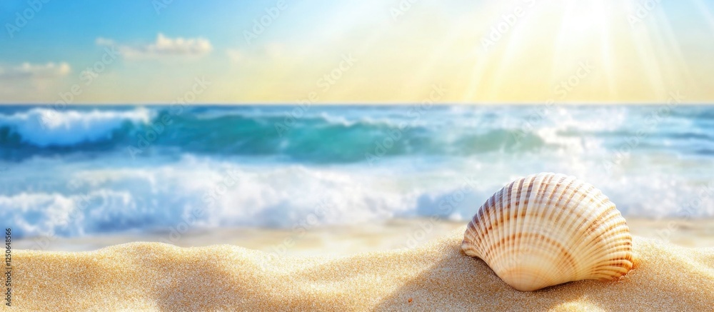 Poster Seashell on sandy beach with gentle waves and sunlight creating a tranquil coastal atmosphere in a scenic seaside environment.