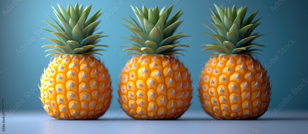 Poster three ripe pineapples arranged in a row against a light blue background