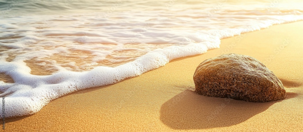 Poster rock on sandy beach with gentle waves lapping at shore during golden hour in serene coastal landscap
