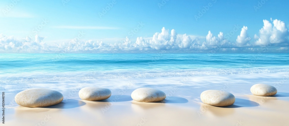 Poster tranquil seacoast with smooth pebbles on a sandy beach under a clear blue sky and fluffy clouds in t
