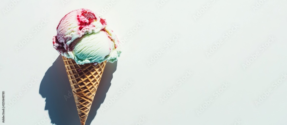 Poster scoop of colorful ice cream in a cone with vibrant flavors on a clean white background