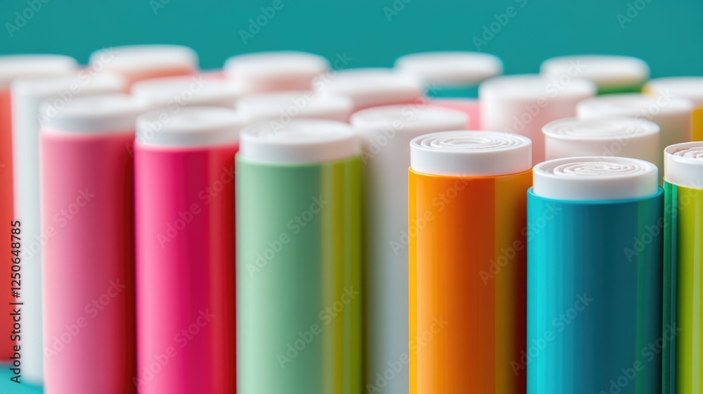 Poster colorful snack tubes in various vibrant shades lined up against a bright background creating a livel