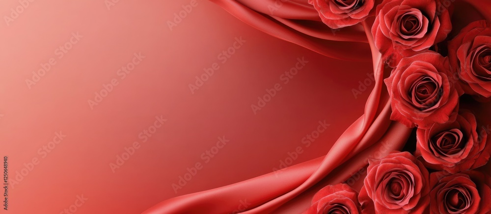 Poster elegant red roses framed by flowing fabric providing space for personalized text or messages. perfec
