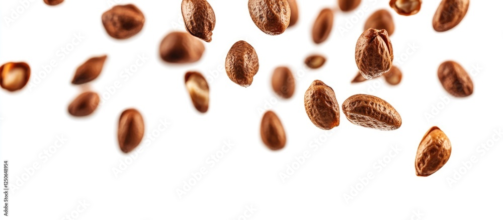 Poster Falling roasted peanuts on a white background showcasing their texture and color in a dynamic and appetizing manner for food imagery.