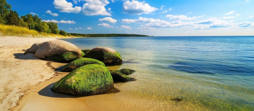 Moss-covered rocks along a sandy beach with calm water and a clear blue sky creating a serene coastal landscape. - Powered by Adobe