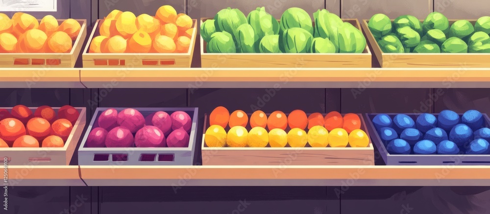 Aufkleber Revamped store shelves displaying colorful produce with ample empty space for branding and promotional text