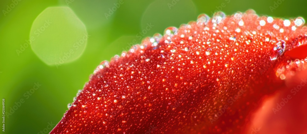 Poster close-up of a scarlet rose petal adorned with shimmering dew drops against a soft green background s