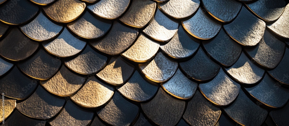 Poster Roof tile background showcasing sun protection and architectural detail in construction with unique texture and patterns.