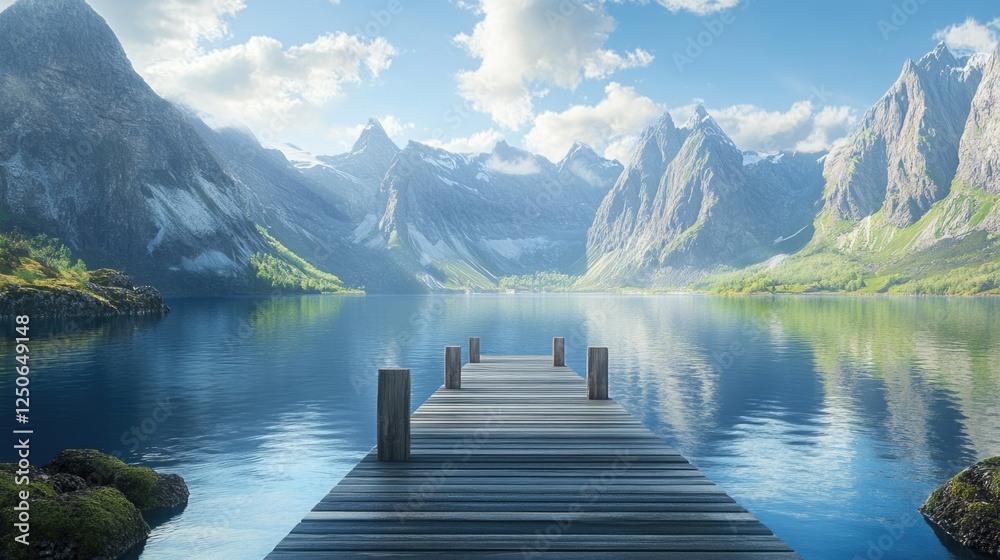 Aufkleber serene dock extending into tranquil waters surrounded by majestic mountains and a clear blue sky in 